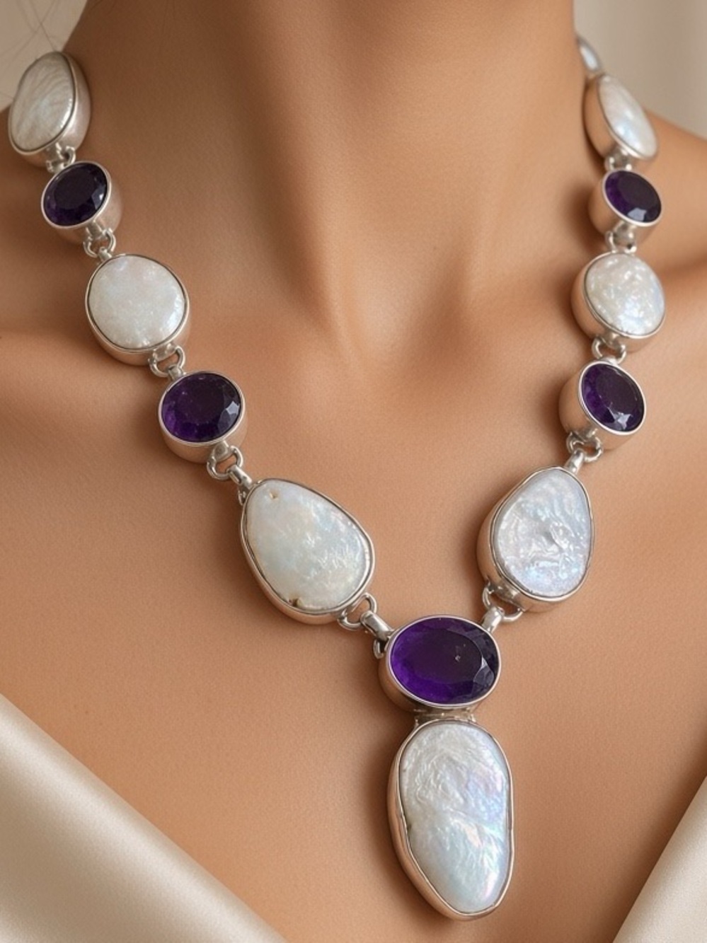 Handmade Mother of Pearl and Natural Amethyst necklace in 925 Sterling silver
